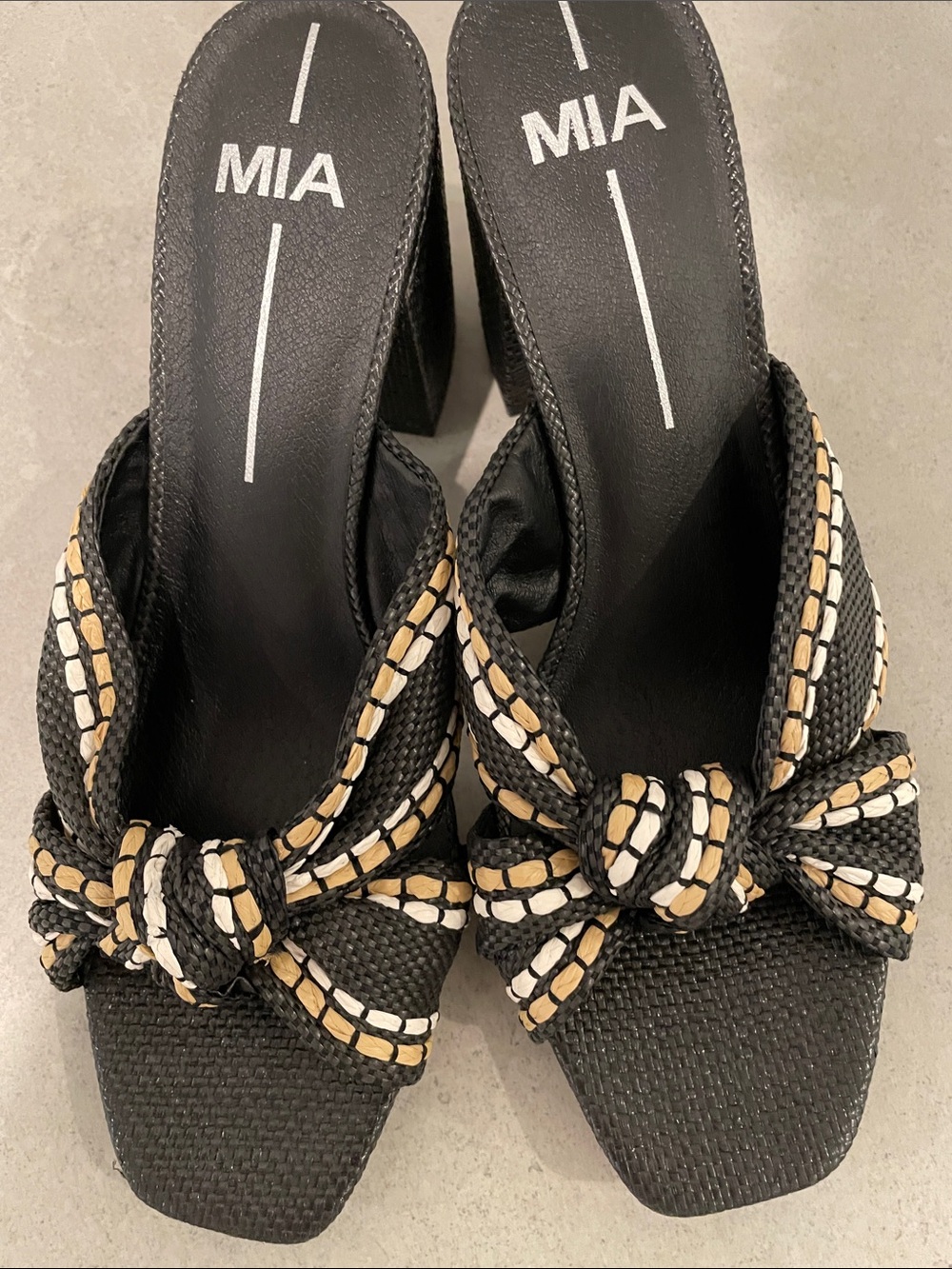 MIA Black Slide Sandals with Braided Tan and White Accents
